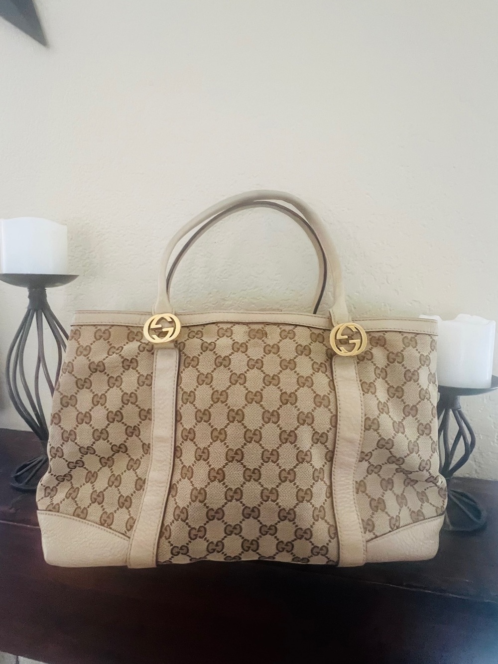 Gucci Beige GG Canvas Tote with Leather Trim